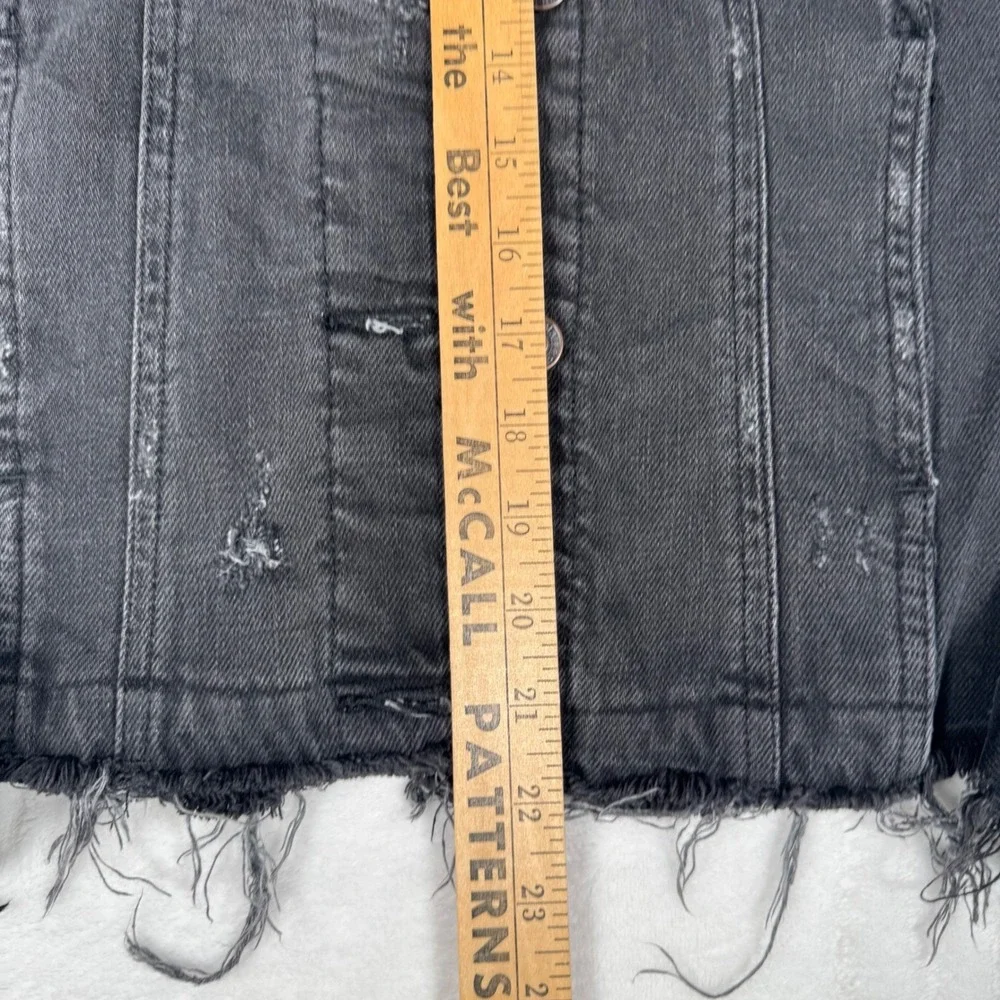 Abercrombie Black Distressed Denim Trucker Jacket‎ Raw Hem Womens M| Grunge